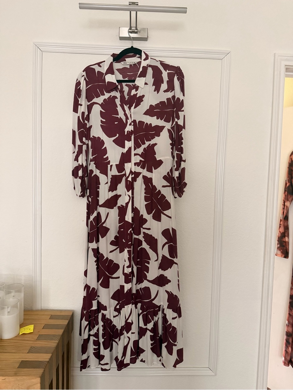 Zara White Maxi Dress with Burgundy Leaf Print